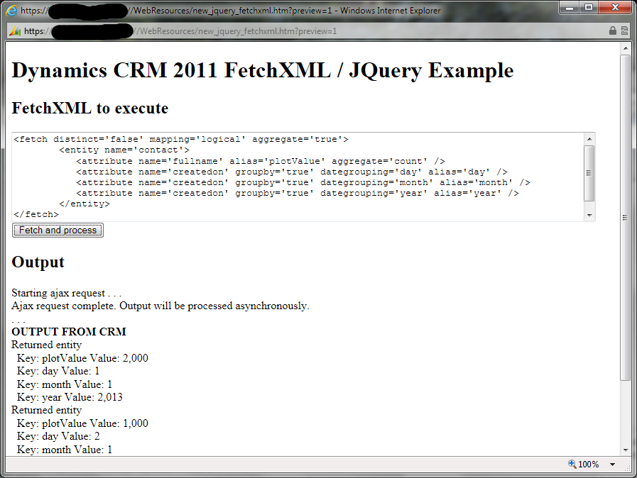 The FetchXML / JQuery example page showing output