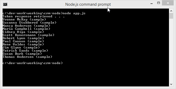 Node.js client output